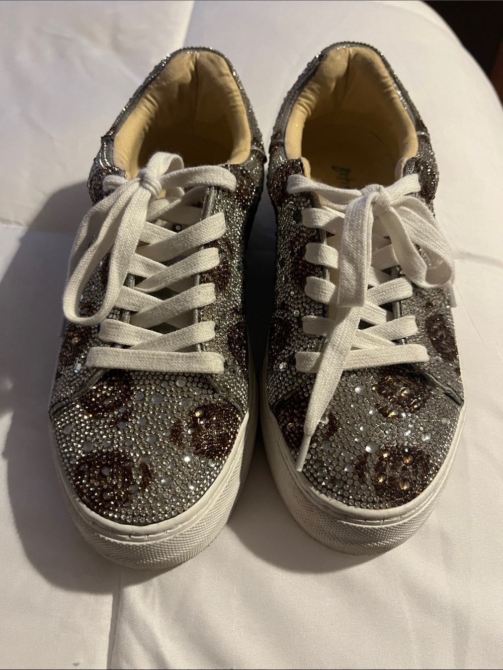 Game Day Betsey Johnson Silver Crystal Sneakers with Brown Football Accents